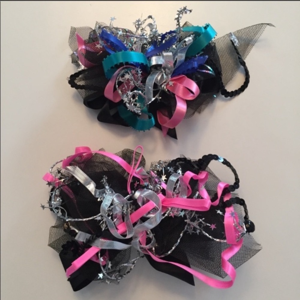 2 Sparkly bright handmade hair bows in black with pink and silver star accents